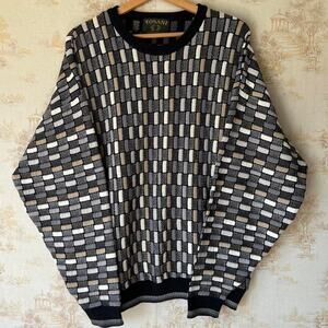 Vintage 90s Tosani 3D Knit Sweater | Geometric Earth Tone Pullover | Size L